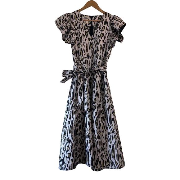 Baum und Pferdgarten Leopard Midi Dress US 6 Flutter Sleeve Belted Modern Rare - Picture 1 of 8